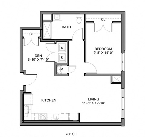 Floor plan for 1 bed, 1 bath, 783 sqft